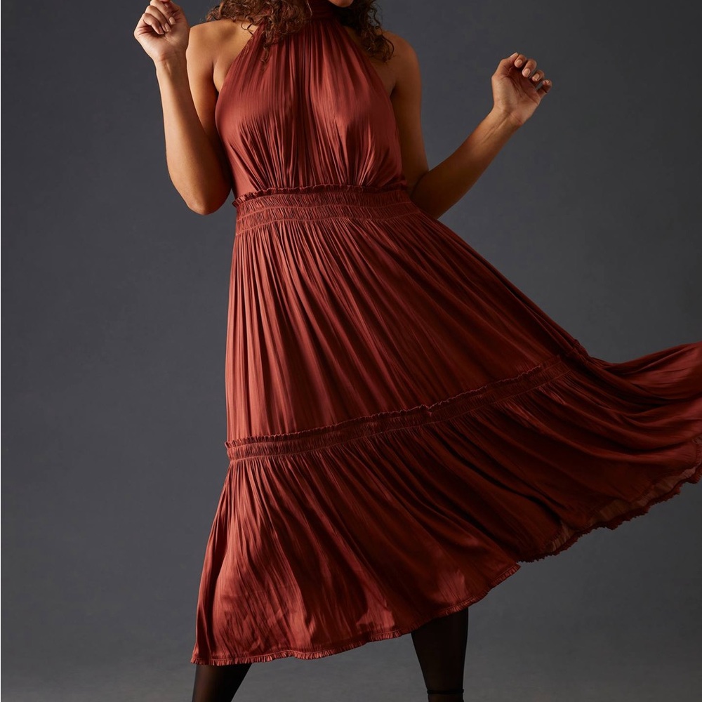 Anthropologie Tiered Halter Dress Pleated Ruffled Smocked Waist Brown Rose 4